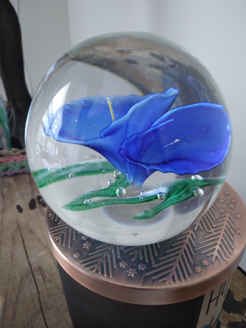 Handblown Round Glass Paperweight with Blue Flowers